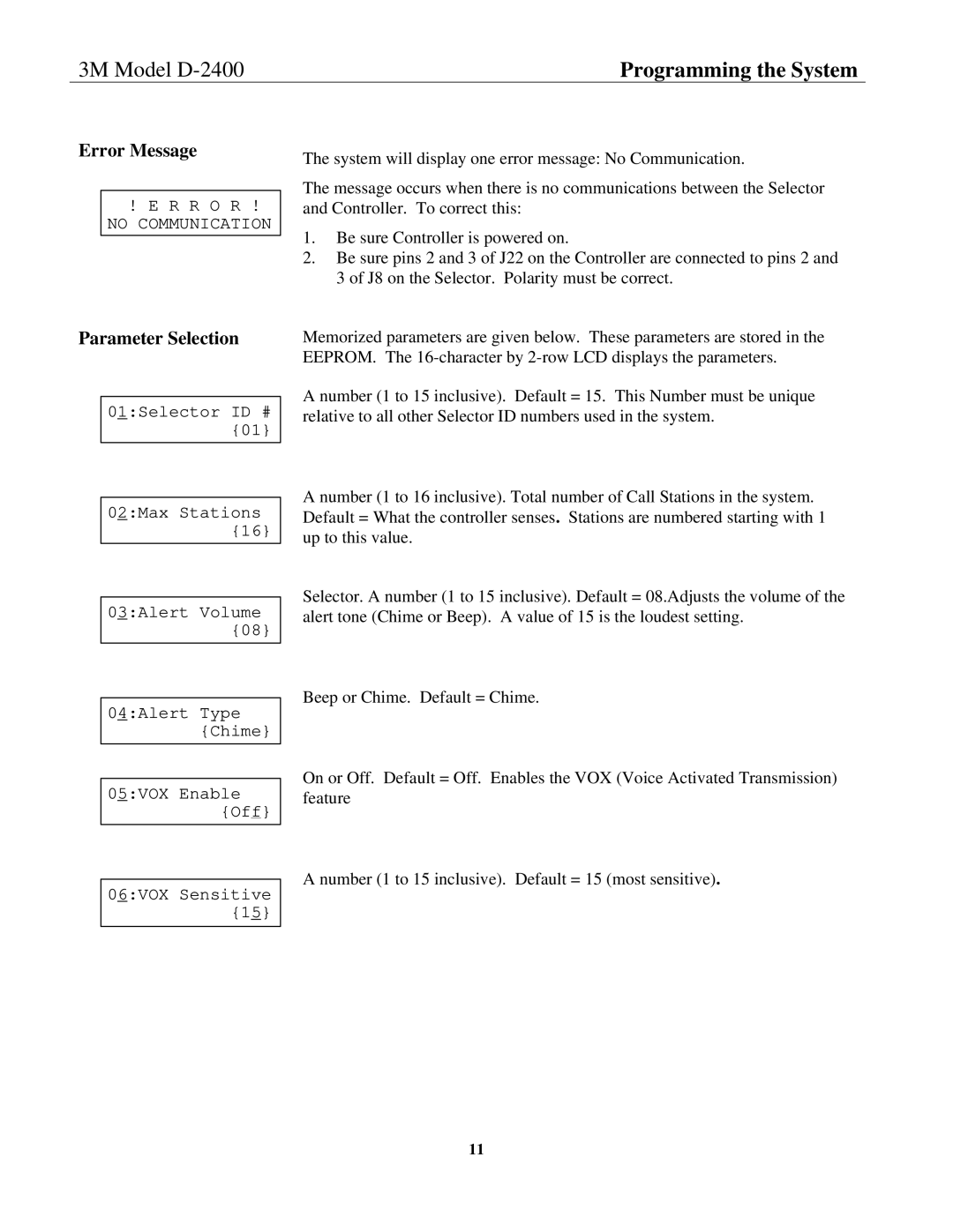 3M D-2400 installation instructions Error Message, Parameter Selection 