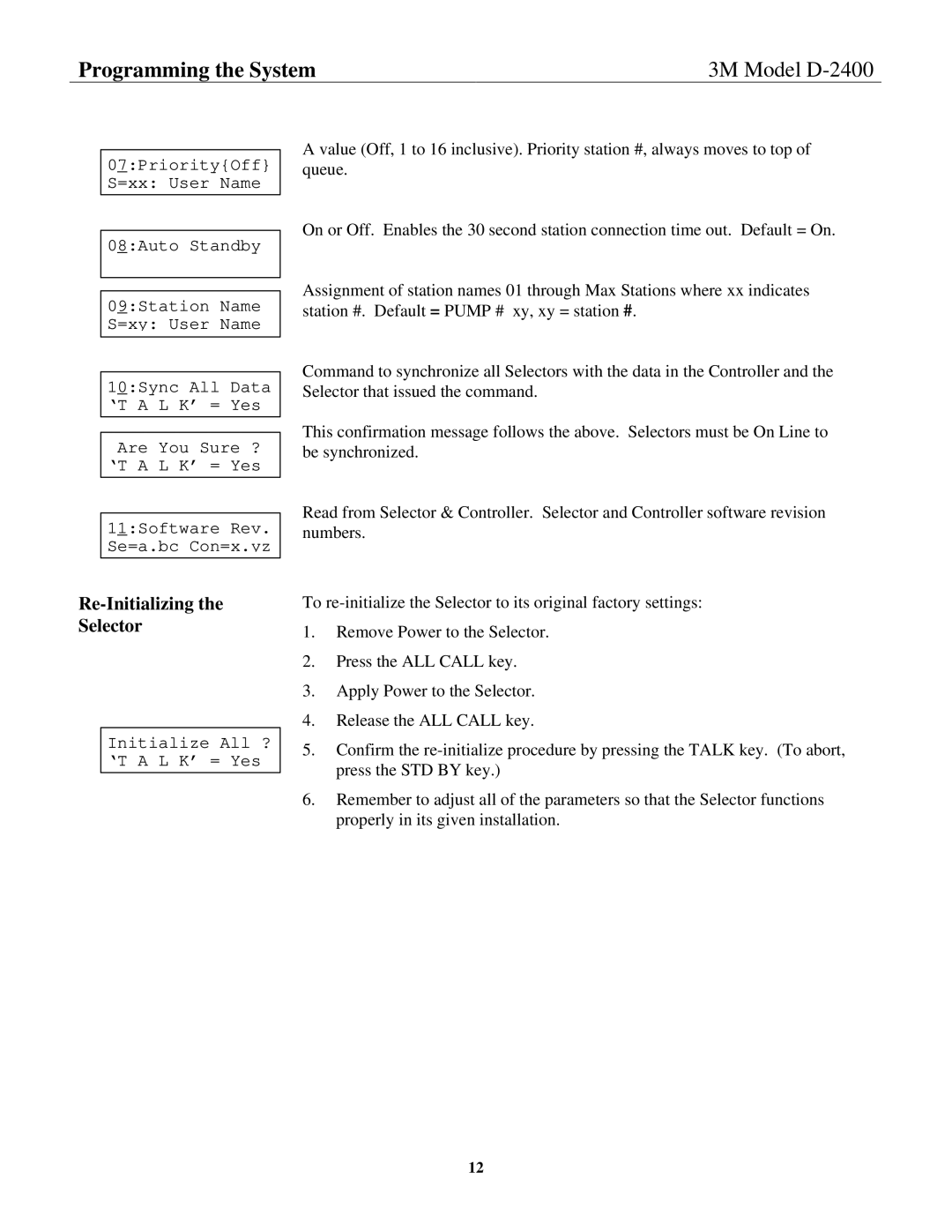 3M D-2400 installation instructions Re-Initializing the Selector 