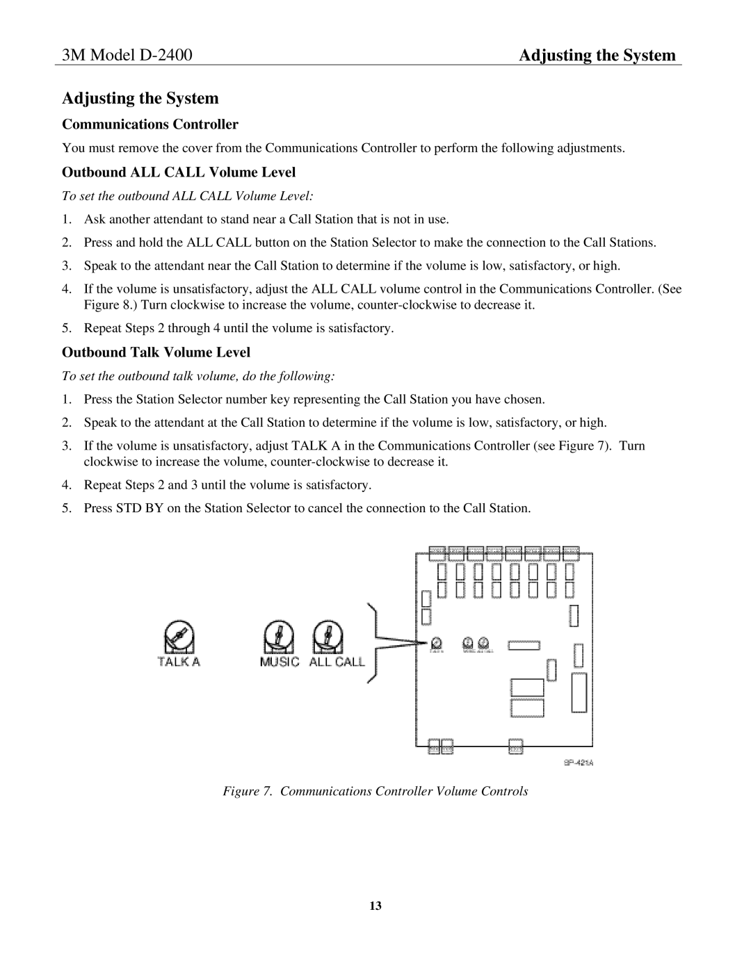 3M D-2400 installation instructions Outbound ALL Call Volume Level, Outbound Talk Volume Level 