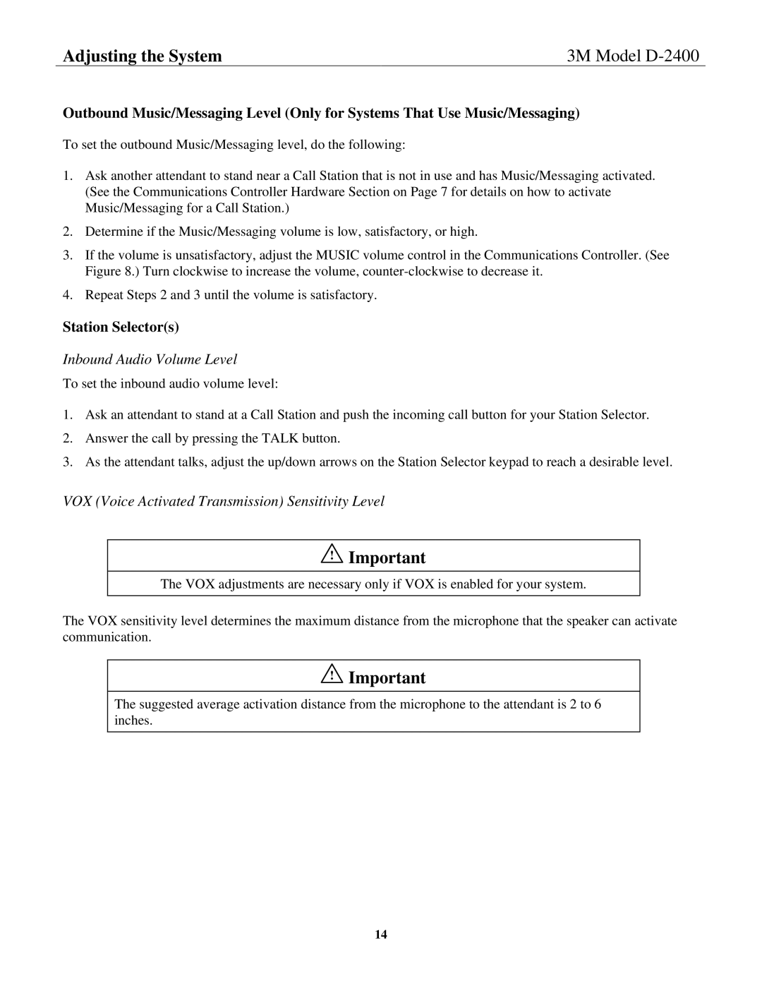 3M D-2400 installation instructions Inbound Audio Volume Level 