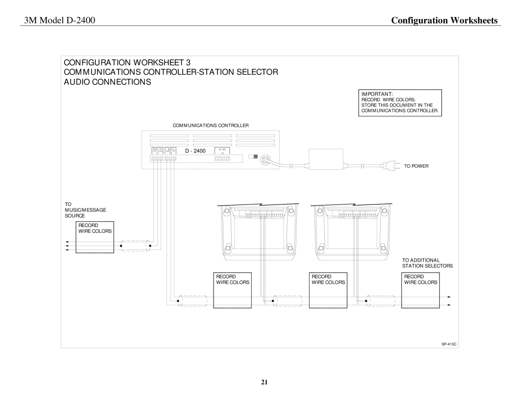 3M D-2400 installation instructions MUSIC/MESSAGE Source Record Wire Colors 