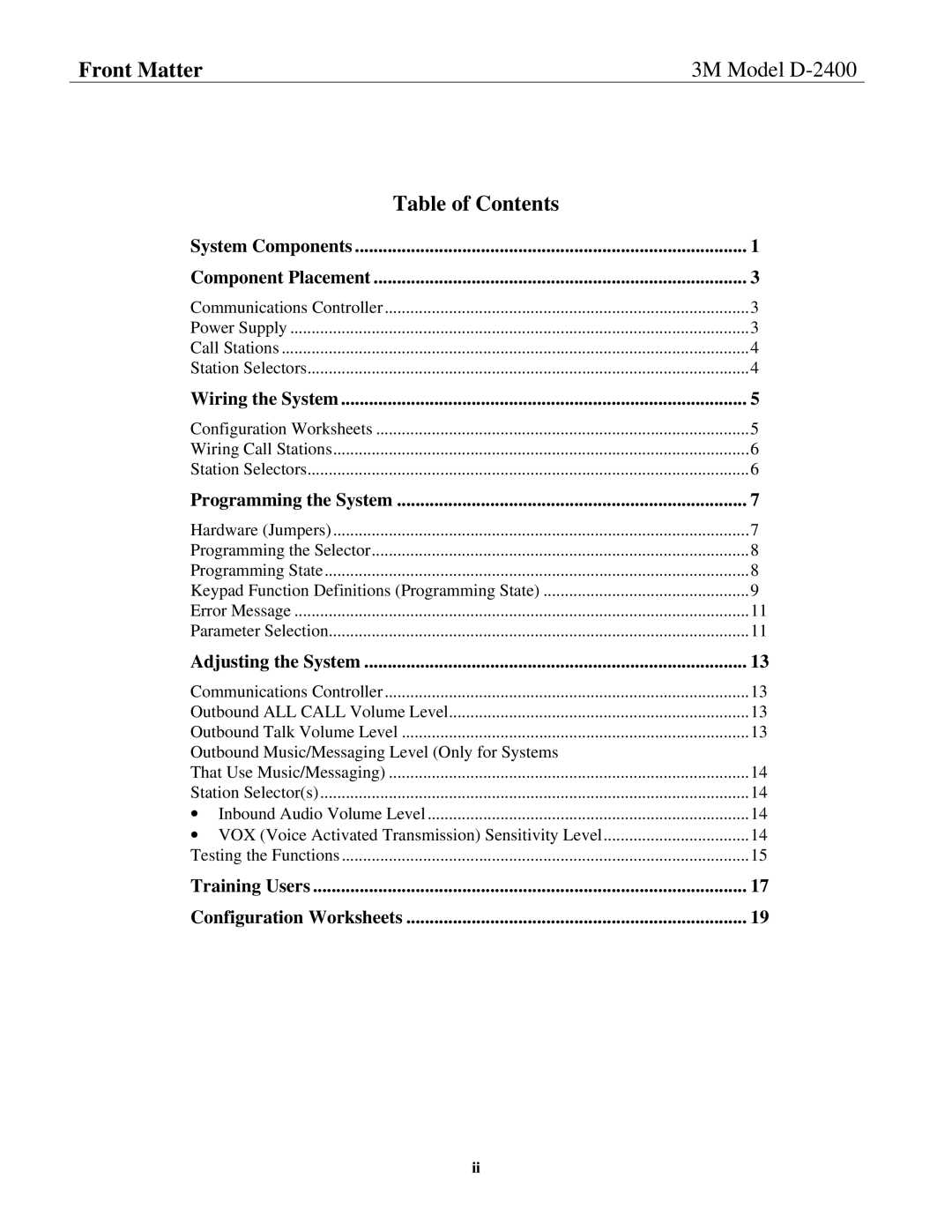 3M D-2400 installation instructions Table of Contents 