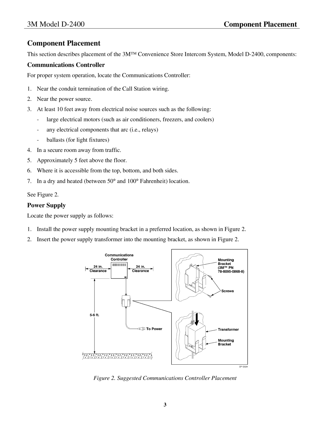 3M D-2400 installation instructions Communications Controller, Power Supply 