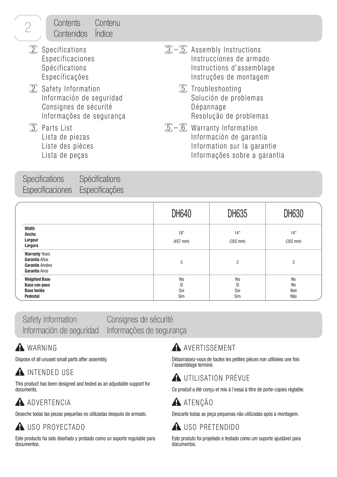 3M DH630 owner manual DH640 DH635, Safety Information, Contents Contenu Contenidos Índice 