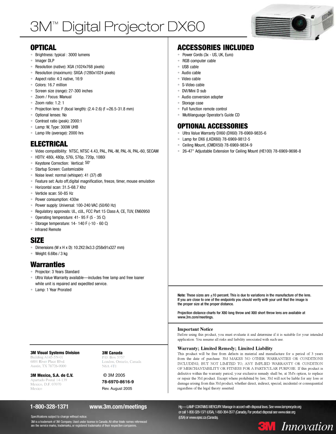 3M DX60 manual Optical, Electrical, Size, Warranties, Accessories included 