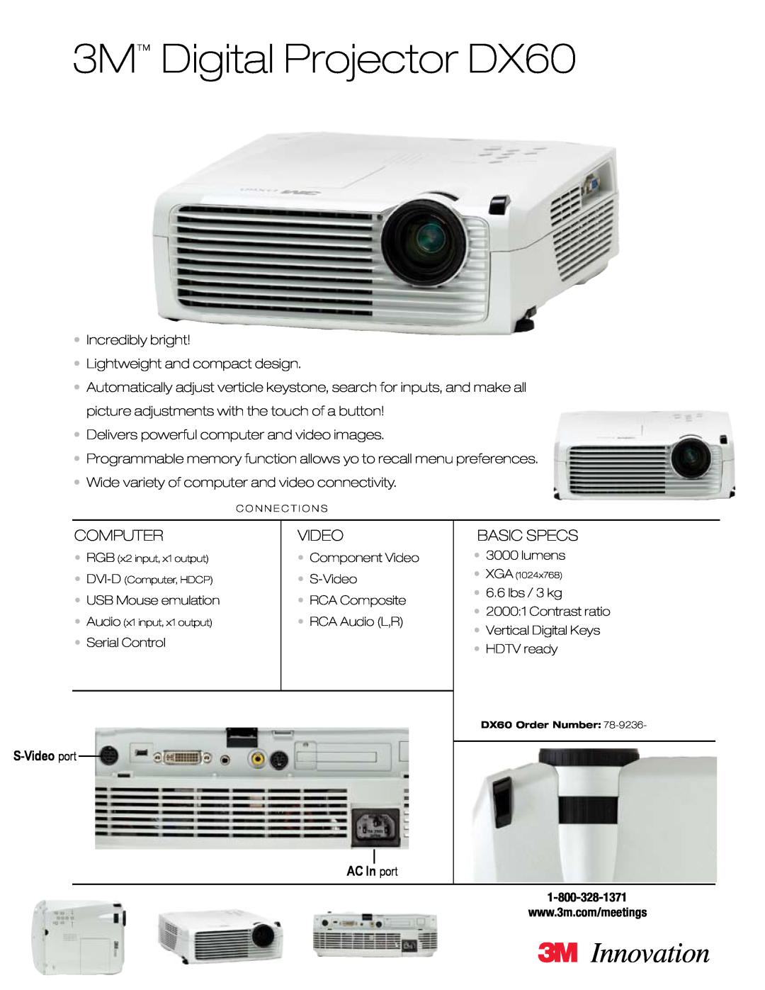 3M manual 3M Digital Projector DX60, Innovation, Computer, Basic Specs, S-Video port AC In port 