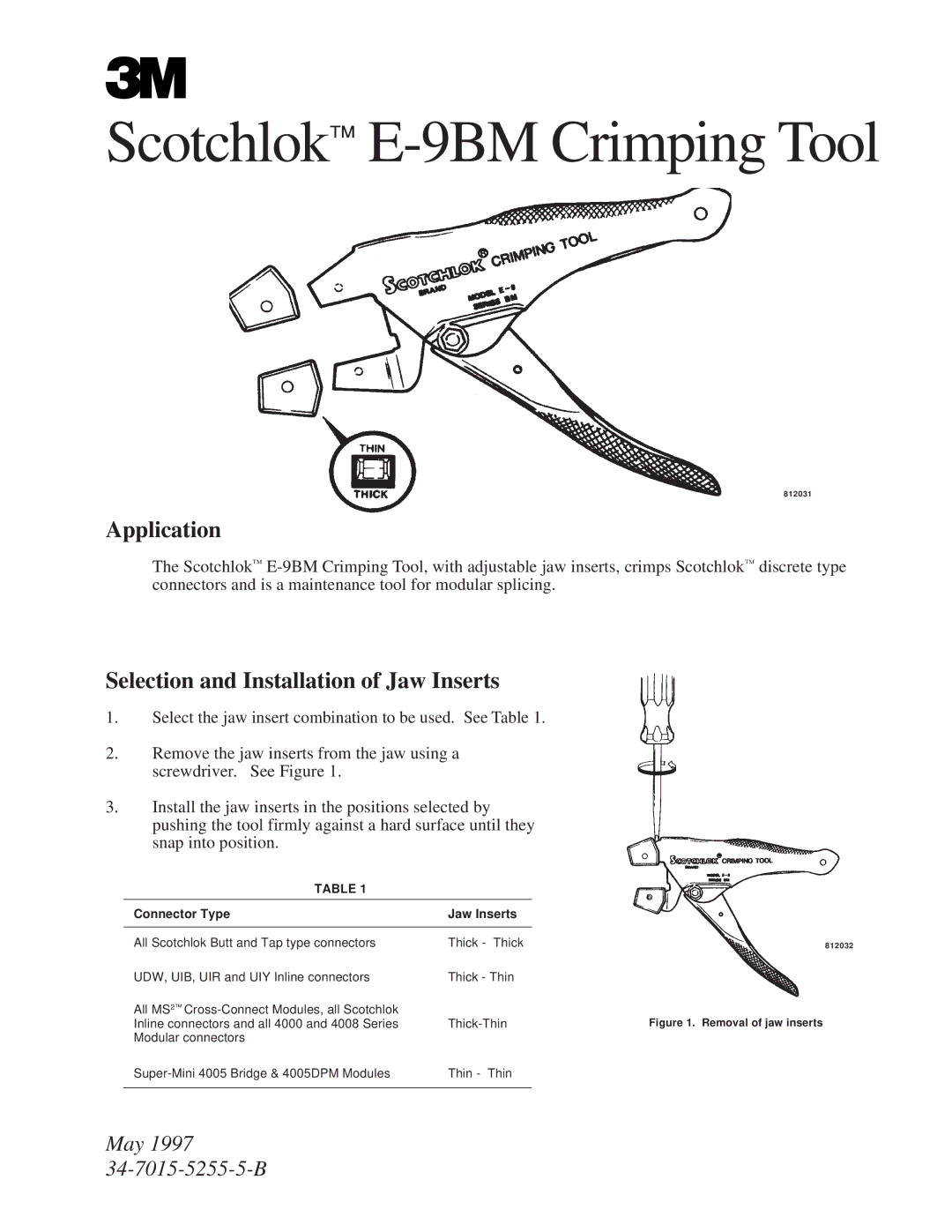 3M manual Scotchlok E-9BM Crimping Tool, Application, Selection and Installation of Jaw Inserts, May 34-7015-5255-5-B 