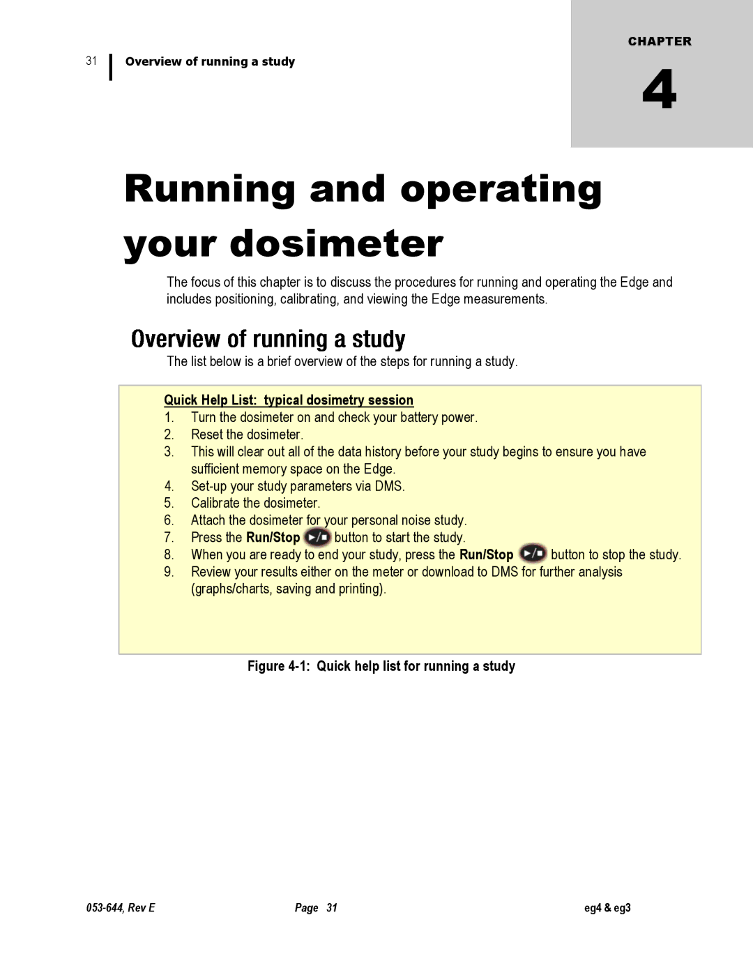 3M eg4, eg3 user manual Quick Help List typical dosimetry session, Quick help list for running a study 