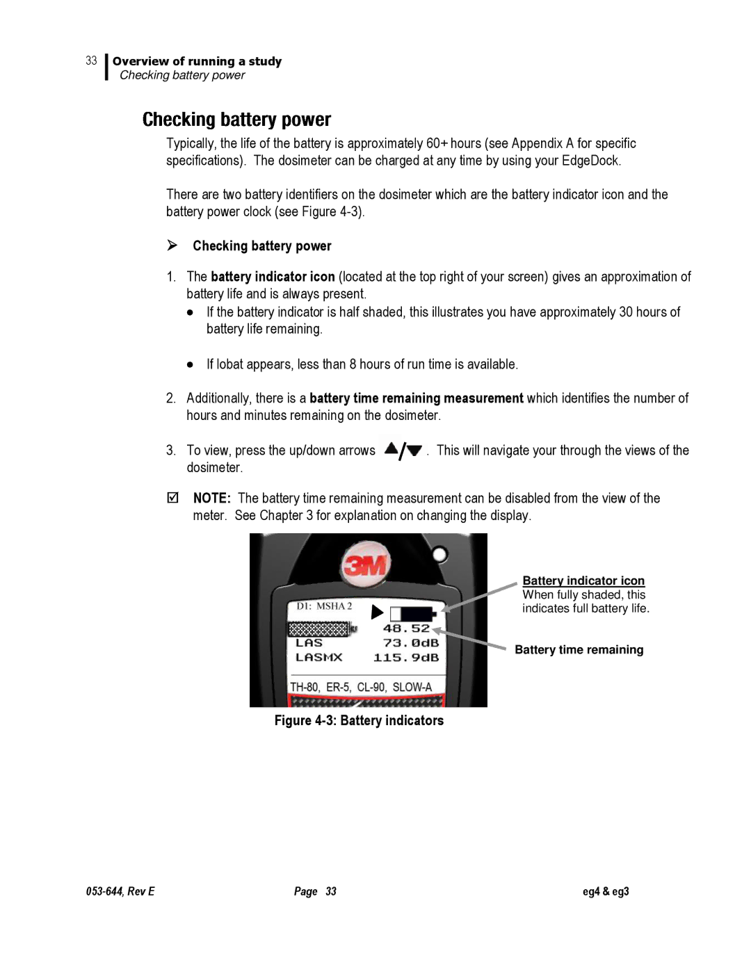 3M eg4, eg3 user manual  Checking battery power, Battery indicators 