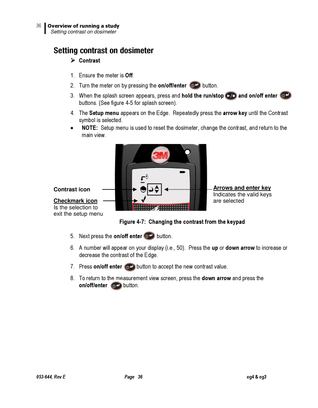 3M eg3, eg4 user manual  Contrast, On/off/enter button, Contrast icon Checkmark icon Is the selection to 