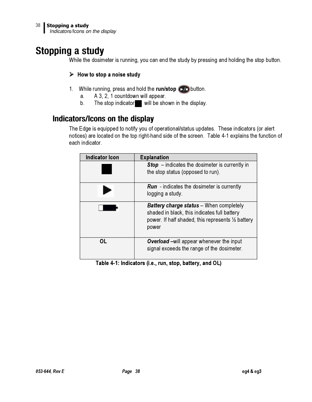 3M eg3, eg4 user manual  How to stop a noise study, Indicator Icon Explanation, Indicators i.e., run, stop, battery, and OL 