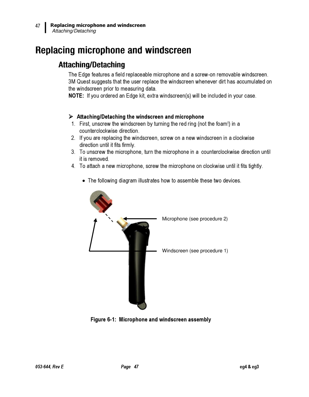 3M eg4, eg3 user manual  Attaching/Detaching the windscreen and microphone, Microphone and windscreen assembly 