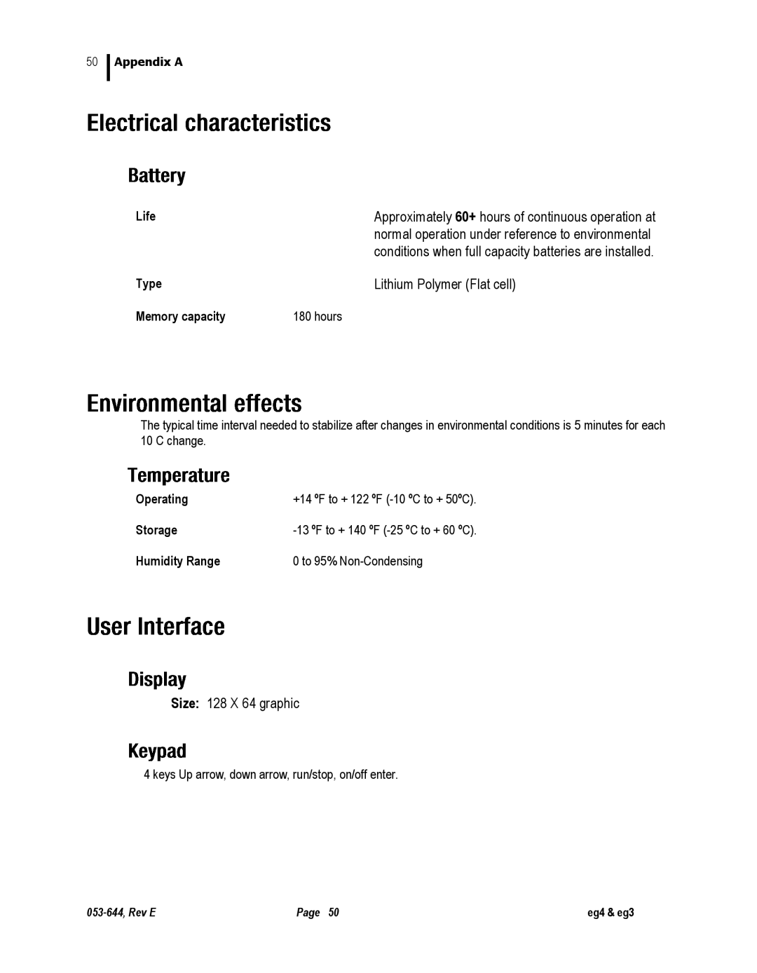 3M eg3, eg4 user manual Life, Type, Memory capacity, Operating, Storage, Humidity Range 