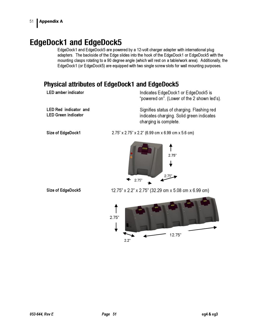 3M eg4, eg3 user manual LED amber indicator, LED Red indicator, LED Green indicator, Size of EdgeDock1, Size of EdgeDock5 