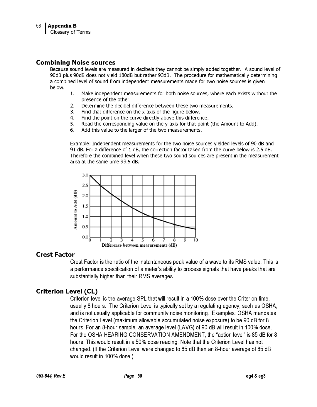 3M eg3, eg4 user manual Combining Noise sources, Crest Factor, Criterion Level CL 