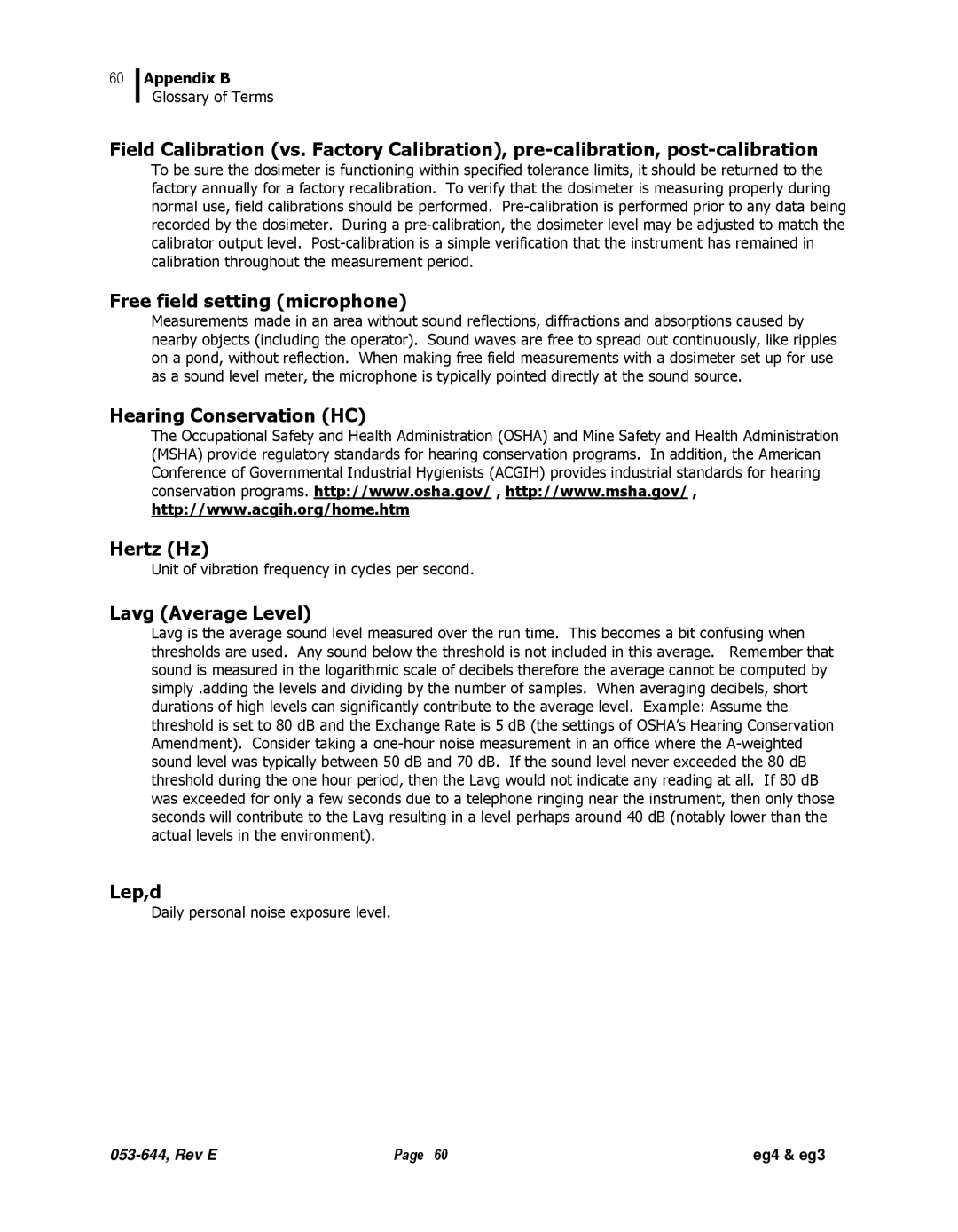 3M eg3, eg4 user manual Free field setting microphone, Hearing Conservation HC Hertz Hz, Lavg Average Level, Lep,d 