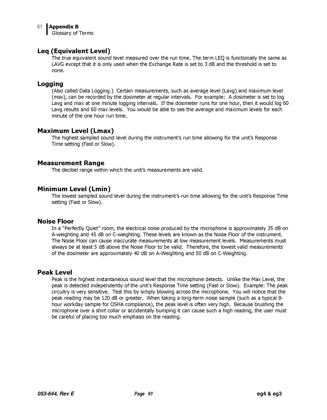 3M eg4 Leq Equivalent Level, Logging, Maximum Level Lmax, Measurement Range, Minimum Level Lmin, Noise Floor, Peak Level 