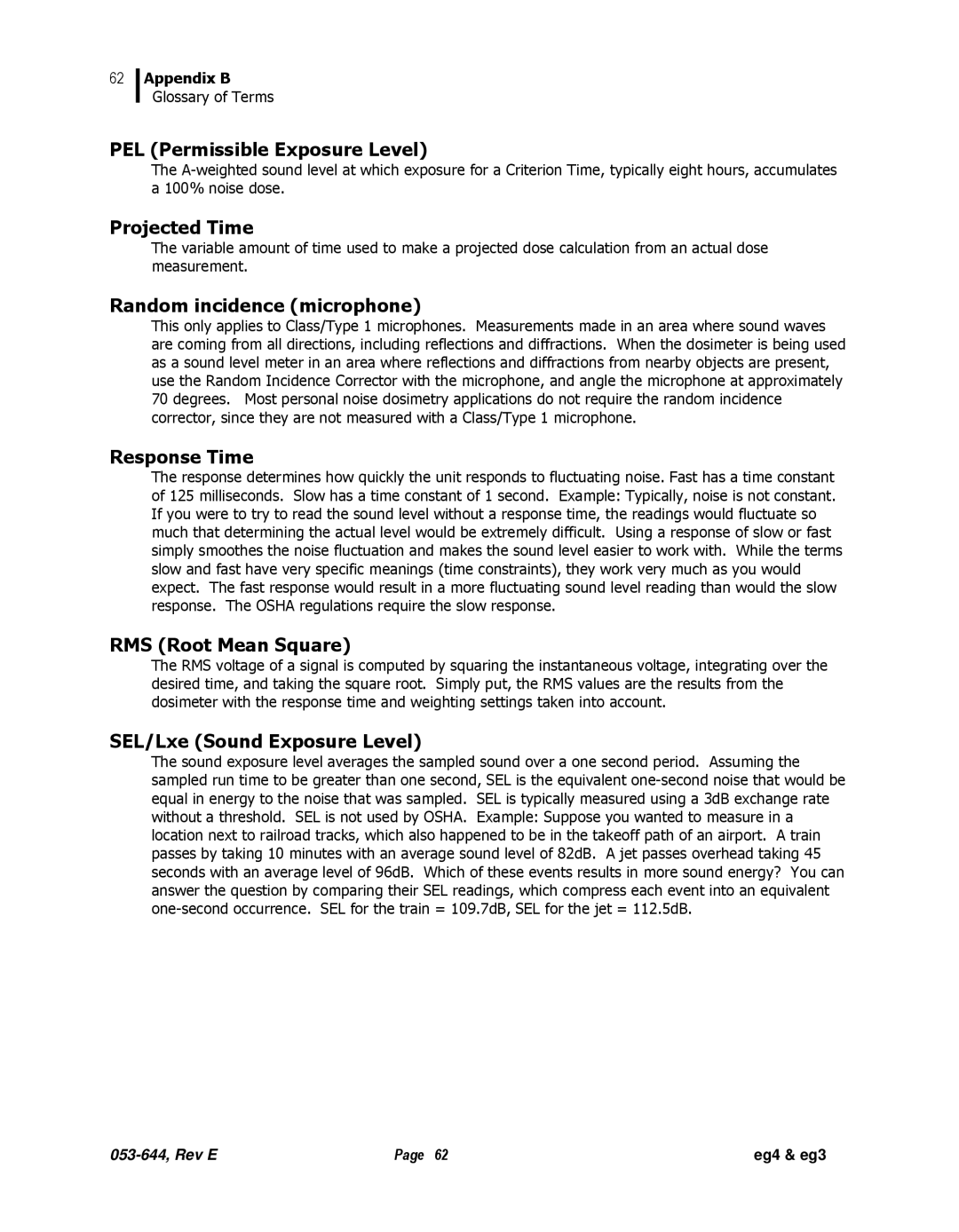 3M eg3 PEL Permissible Exposure Level, Projected Time, Random incidence microphone, Response Time, RMS Root Mean Square 