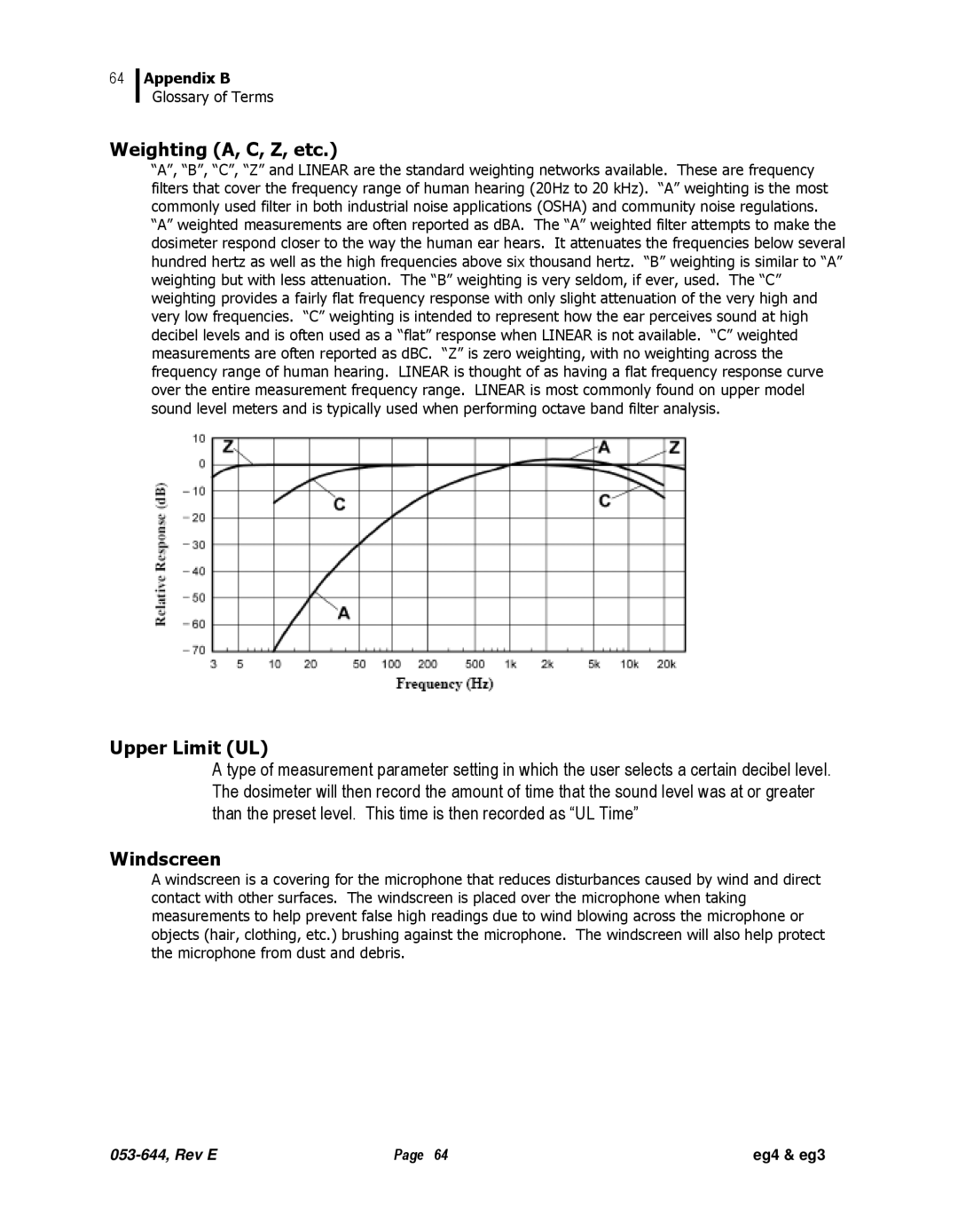 3M eg3, eg4 user manual Weighting A, C, Z, etc, Upper Limit UL, Windscreen 