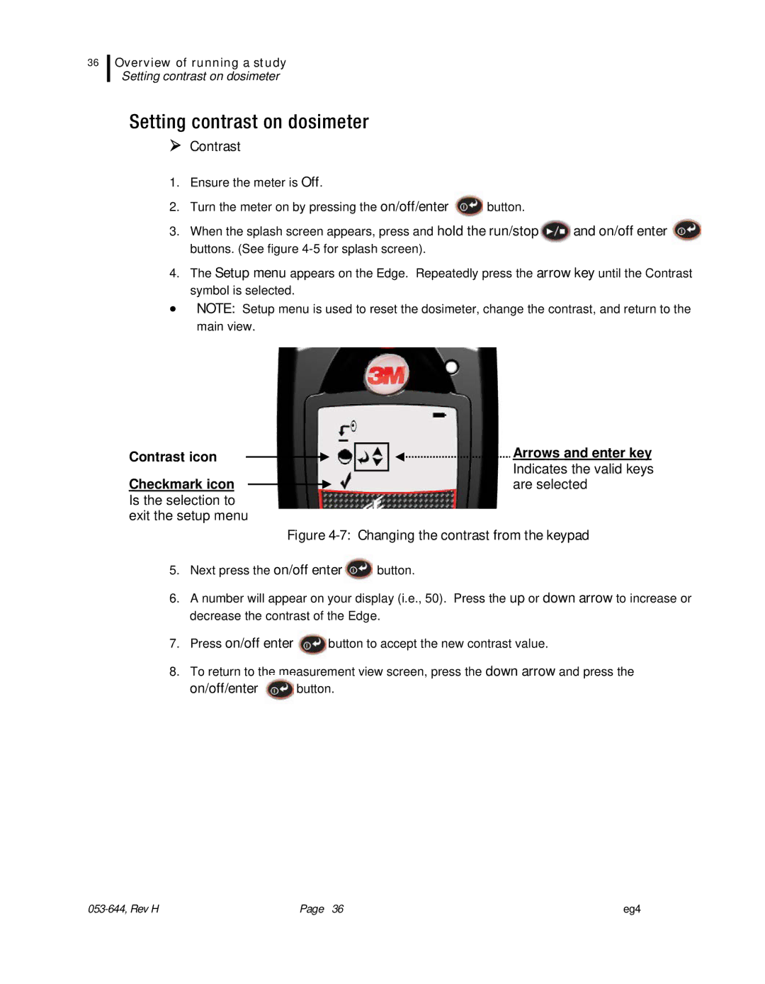 3M eg4 user manual Setting contrast on dosimeter,  Contrast, On/off/enter button 