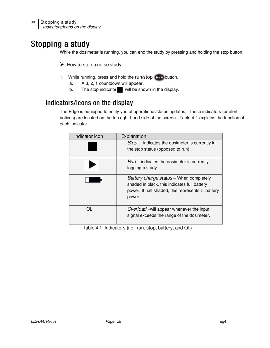 3M eg4 Stopping a study, Indicators/Icons on the display,  How to stop a noise study, Indicator Icon Explanation 