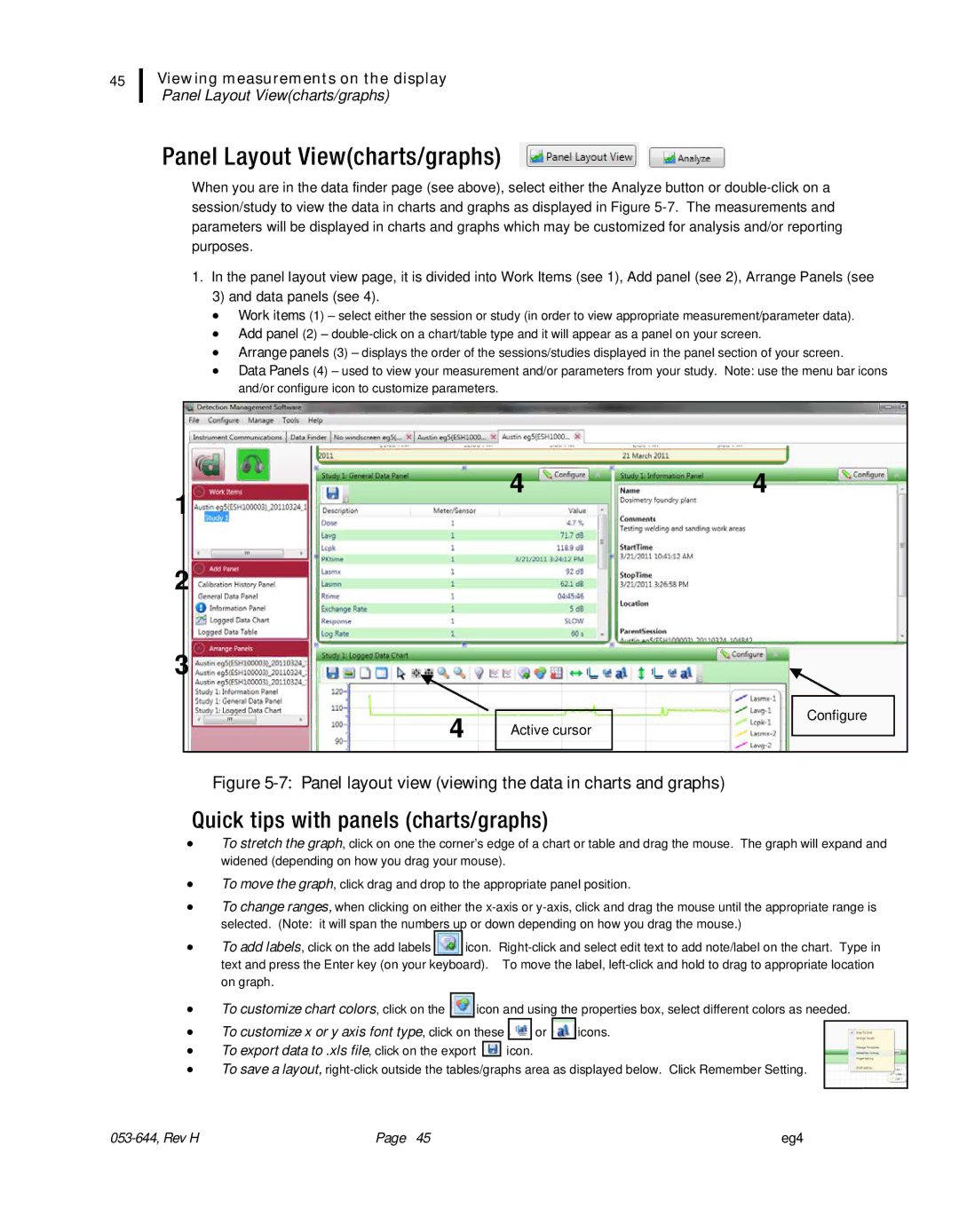 3M eg4 user manual Panel Layout Viewcharts/graphs, Panel layout view viewing the data in charts and graphs 