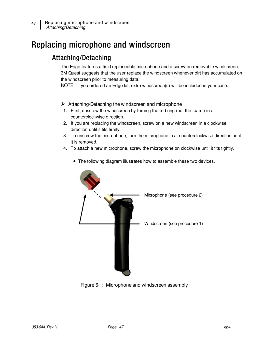 3M eg4 user manual Replacing microphone and windscreen,  Attaching/Detaching the windscreen and microphone 