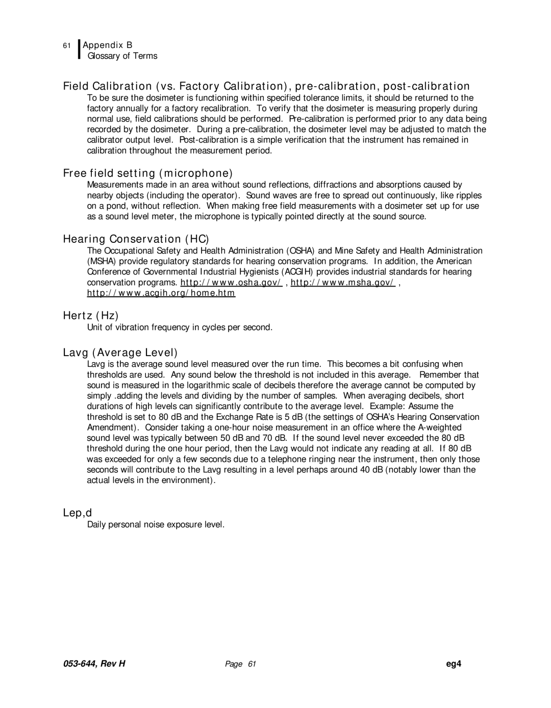 3M eg4 user manual Free field setting microphone, Hearing Conservation HC Hertz Hz, Lavg Average Level, Lep,d 