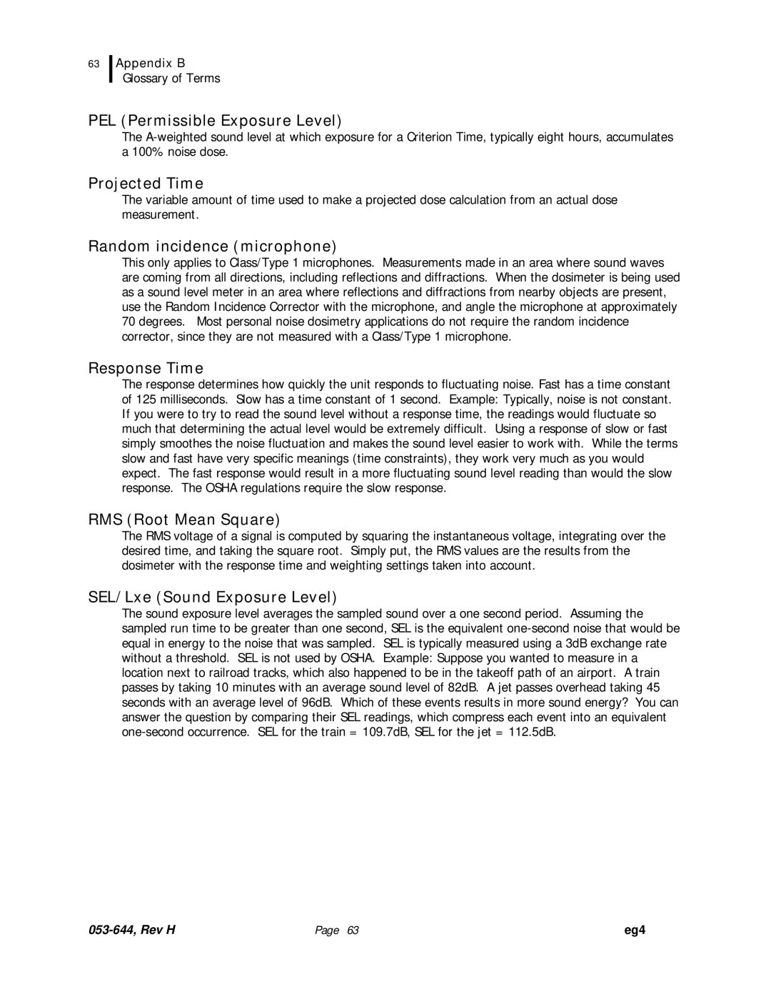 3M eg4 PEL Permissible Exposure Level, Projected Time, Random incidence microphone, Response Time, RMS Root Mean Square 