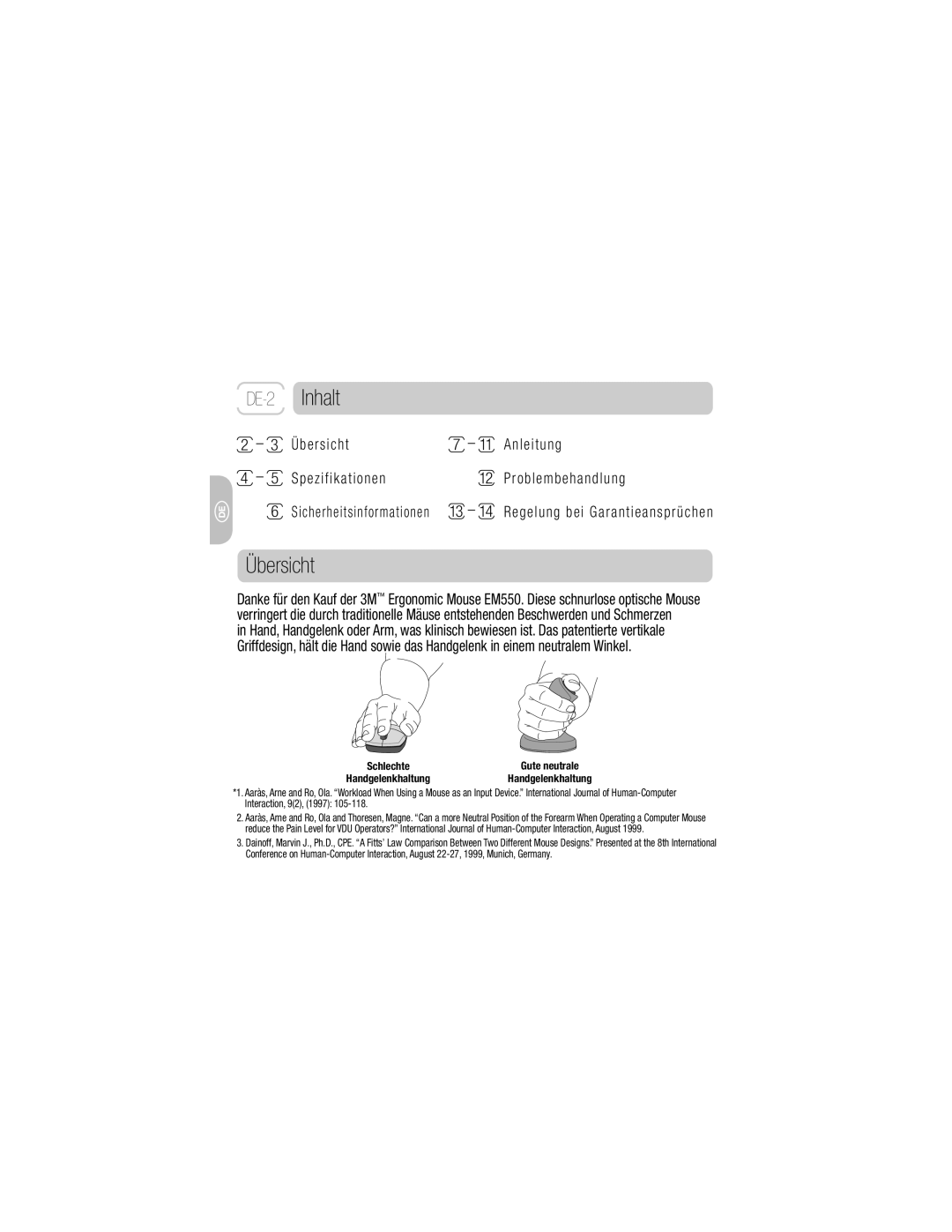 3M EM 550GPL, EM 550GPS owner manual Inhalt, Übersicht, Sicherheitsinformationen Regelung bei Garantieansprüchen 