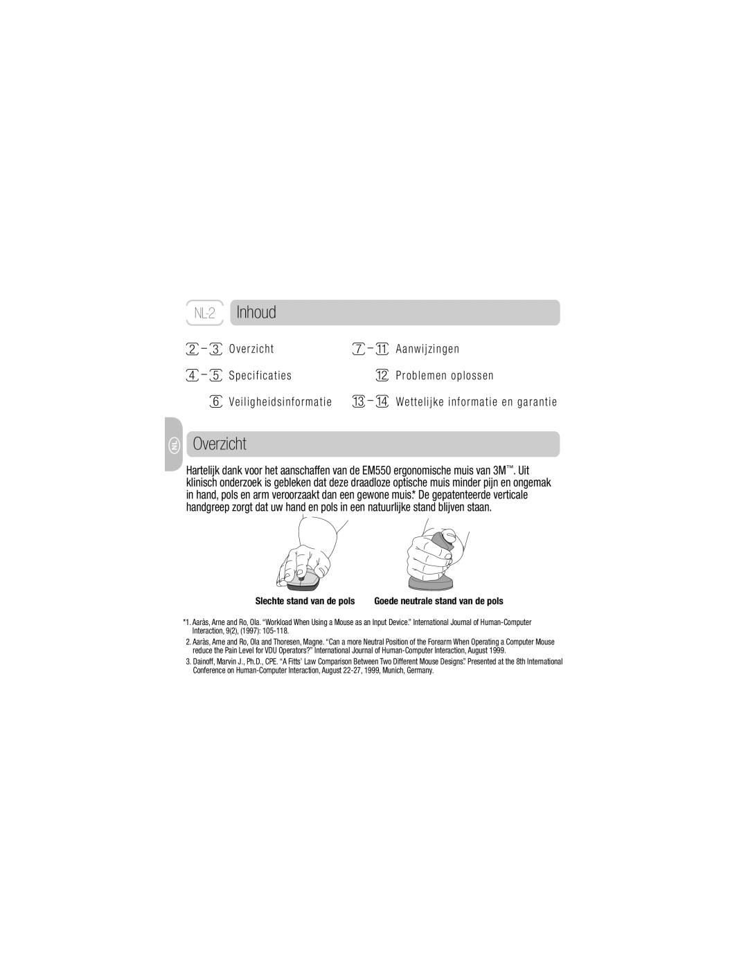 3M EM 550GPL, EM 550GPS owner manual Inhoud, Overzicht, Problemen oplossen, Slechte stand van de pols 