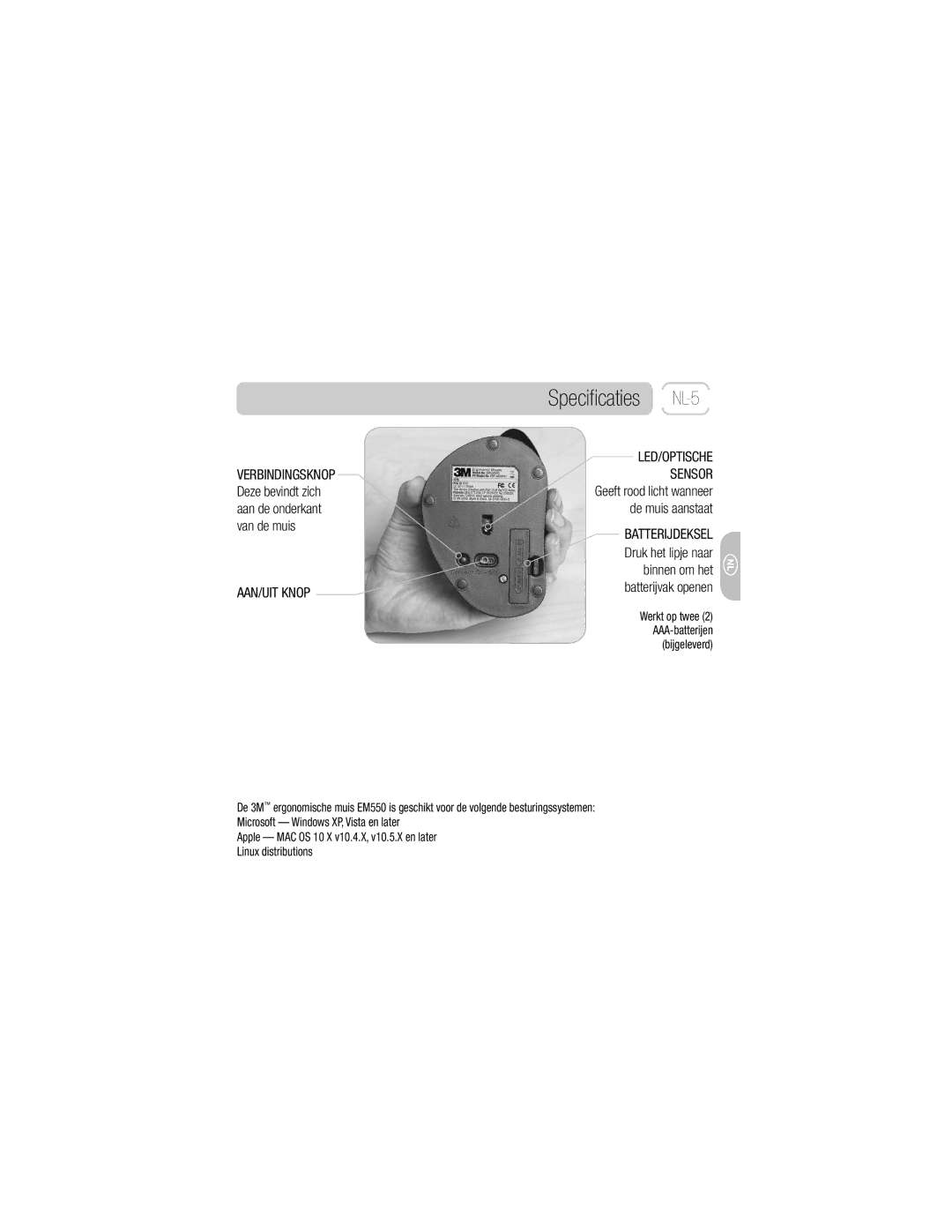 3M EM 550GPS, EM 550GPL owner manual Speciﬁcaties NL-5, AAN/UIT Knop 