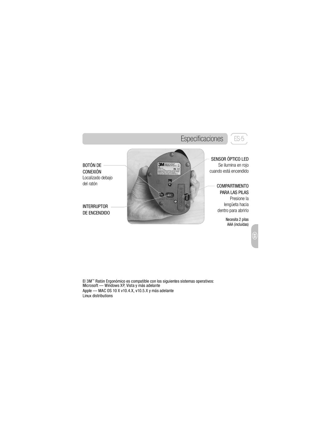 3M EM 550GPS, EM 550GPL owner manual Especiﬁcaciones ES-5, Botón DE, Conexión Localizado debajo del ratón 