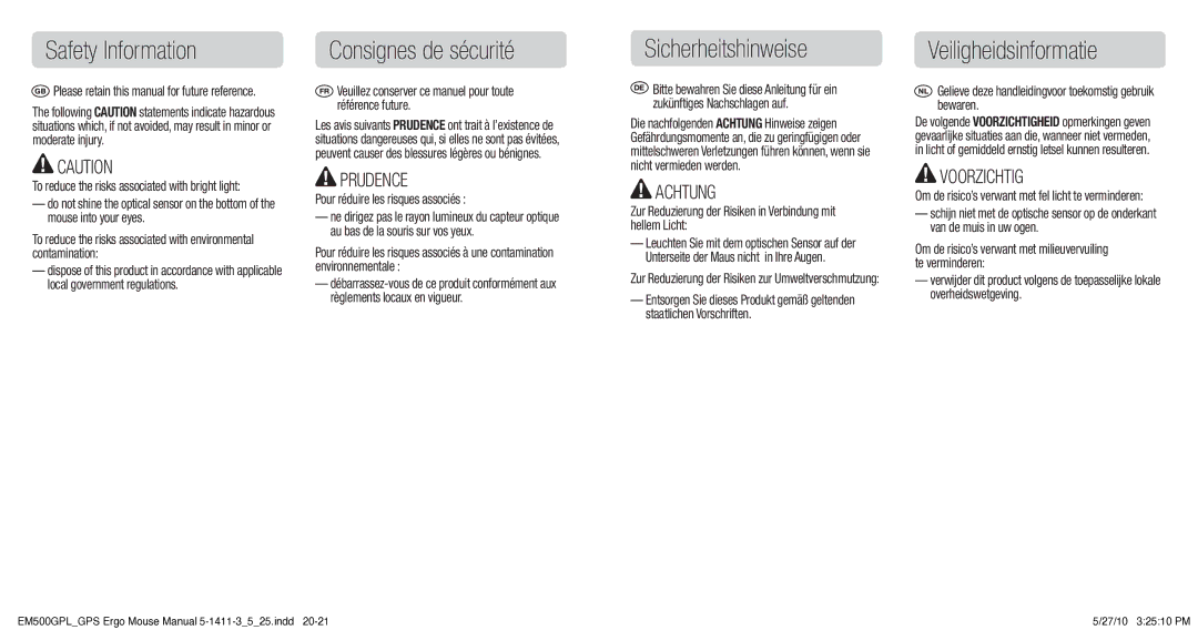 3M EM500GPL/GPS manual Safety Information, Consignes de sécurité, Sicherheitshinweise, Veiligheidsinformatie 