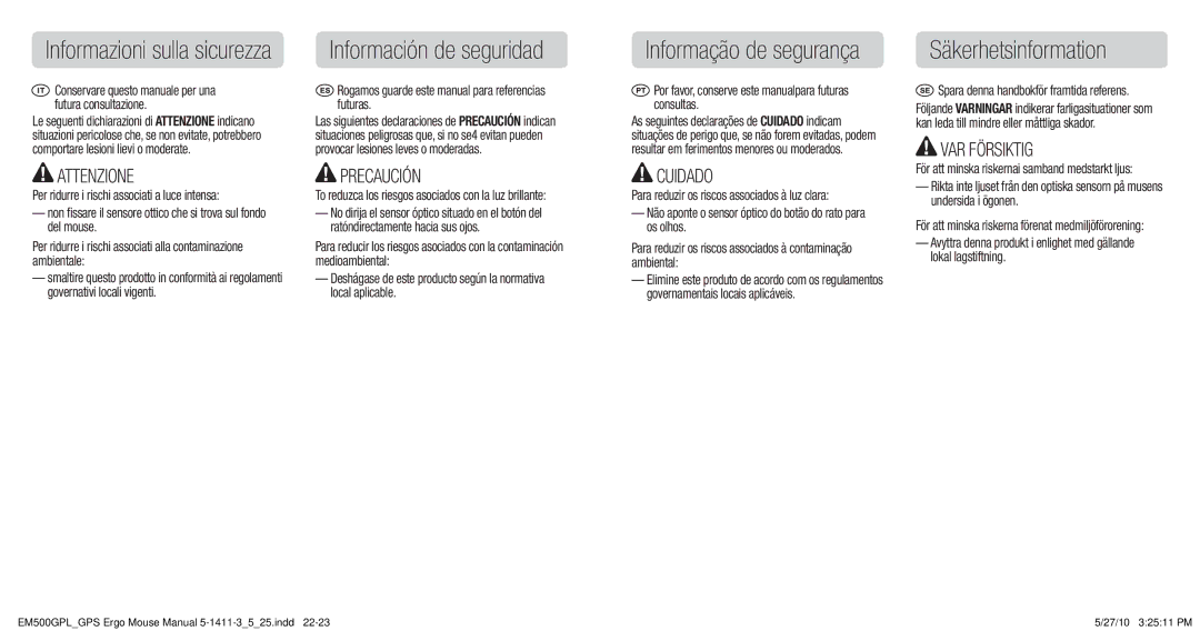 3M EM500GPL/GPS Informação de segurança Säkerhetsinformation, Rogamos guarde este manual para referencias futuras 