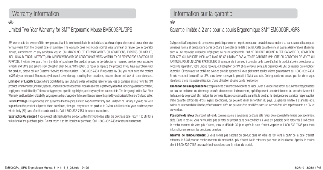 3M EM500GPL/GPS manual Warranty Information, Information sur la garantie 