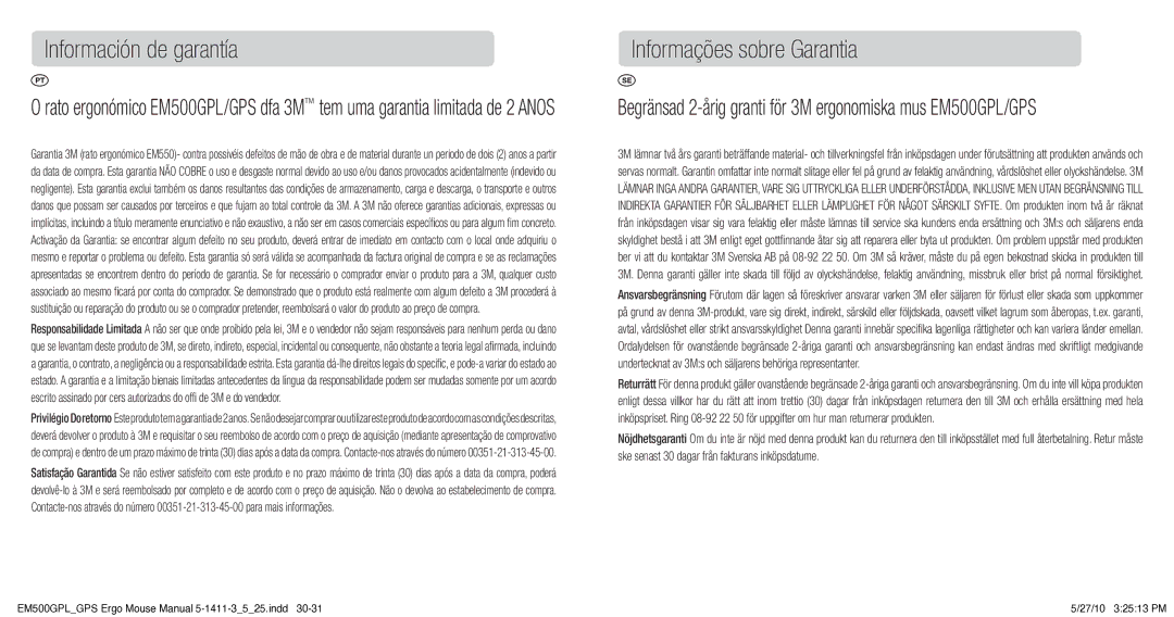 3M EM500GPL/GPS manual Información de garantía, Informações sobre Garantia 