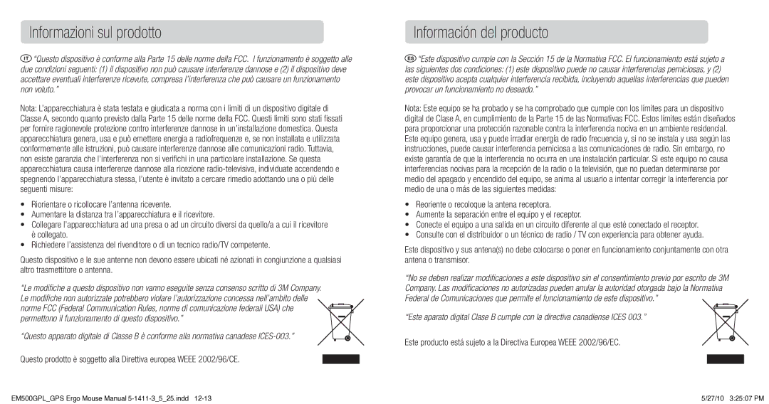 3M EM500GPL/GPS manual Informazioni sul prodotto, Información del producto 