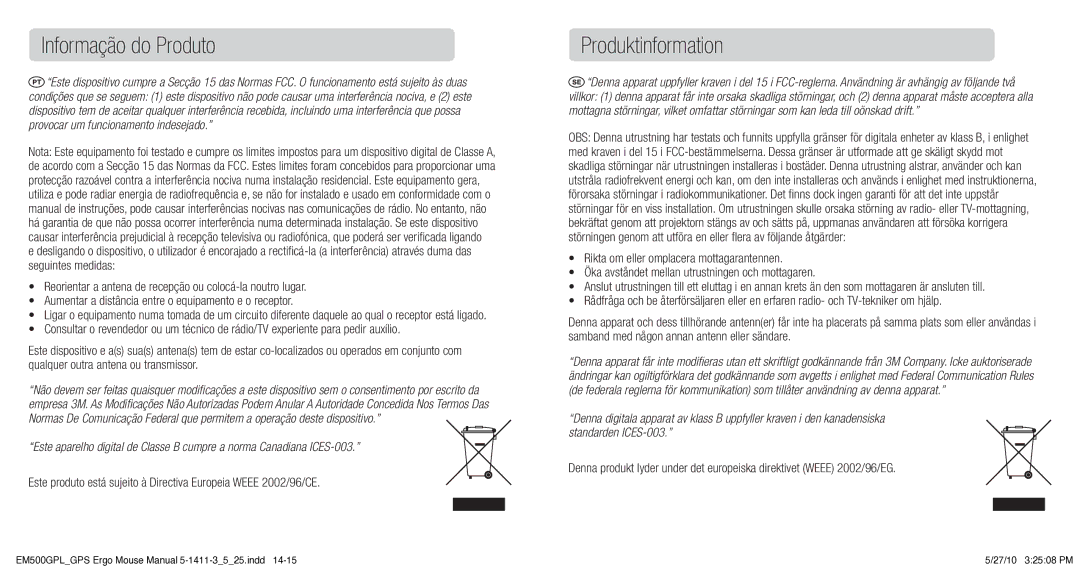 3M EM500GPL/GPS manual Informação do Produto, Produktinformation 