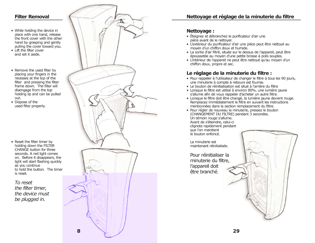 3M FAP02, FAP03 manual Filter Removal, Nettoyage et réglage de la minuterie du filtre, Le réglage de la minuterie du filtre 