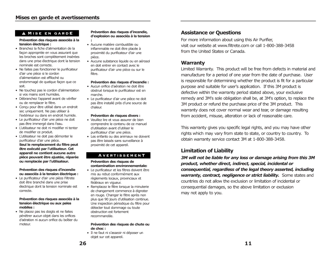 3M FAP03, FAP02 manual Mises en garde et avertissements, Assistance or Questions, Warranty, Limitation of Liability 