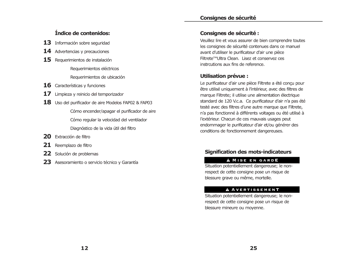 3M FAP02, FAP03 manual Índice de contenidos, Consignes de sécurité, Utilisation prévue, Signification des mots-indicateurs 