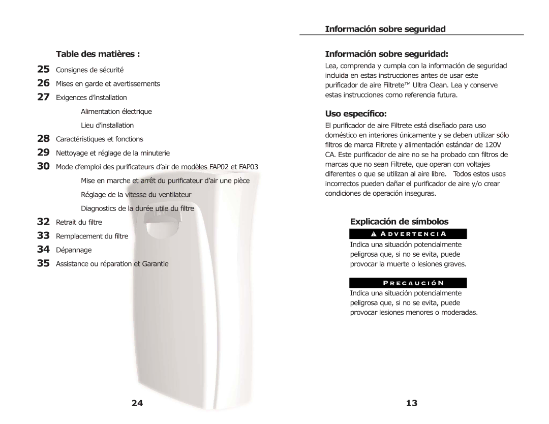 3M FAP03, FAP02 manual Table des matières, Información sobre seguridad, Uso específico, Explicación de símbolos 