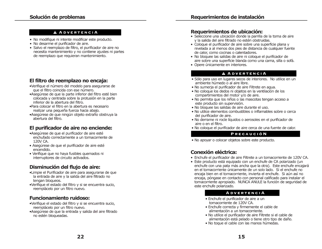 3M FAP03 Solución de problemas, El filtro de reemplazo no encaja, El purificador de aire no enciende, Conexión eléctrica 