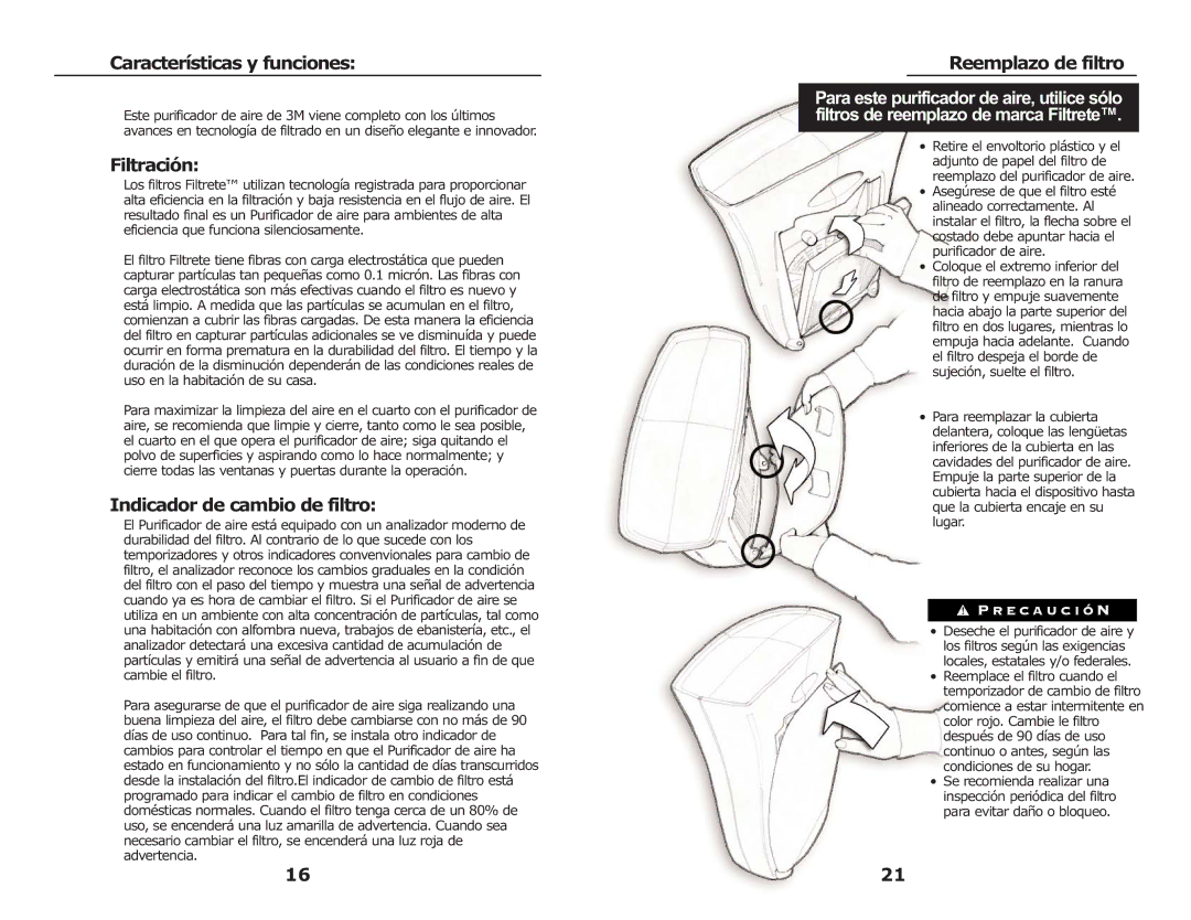 3M FAP02, FAP03 manual Características y funciones, Filtración, Indicador de cambio de filtro, Reemplazo de filtro 