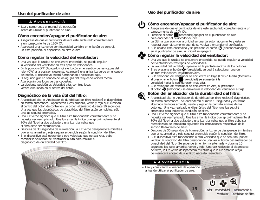 3M FAP02 Uso del purificador de aire, Cómo encender/apagar el purificador de aire, Diagnóstico de la vida útil del filtro 