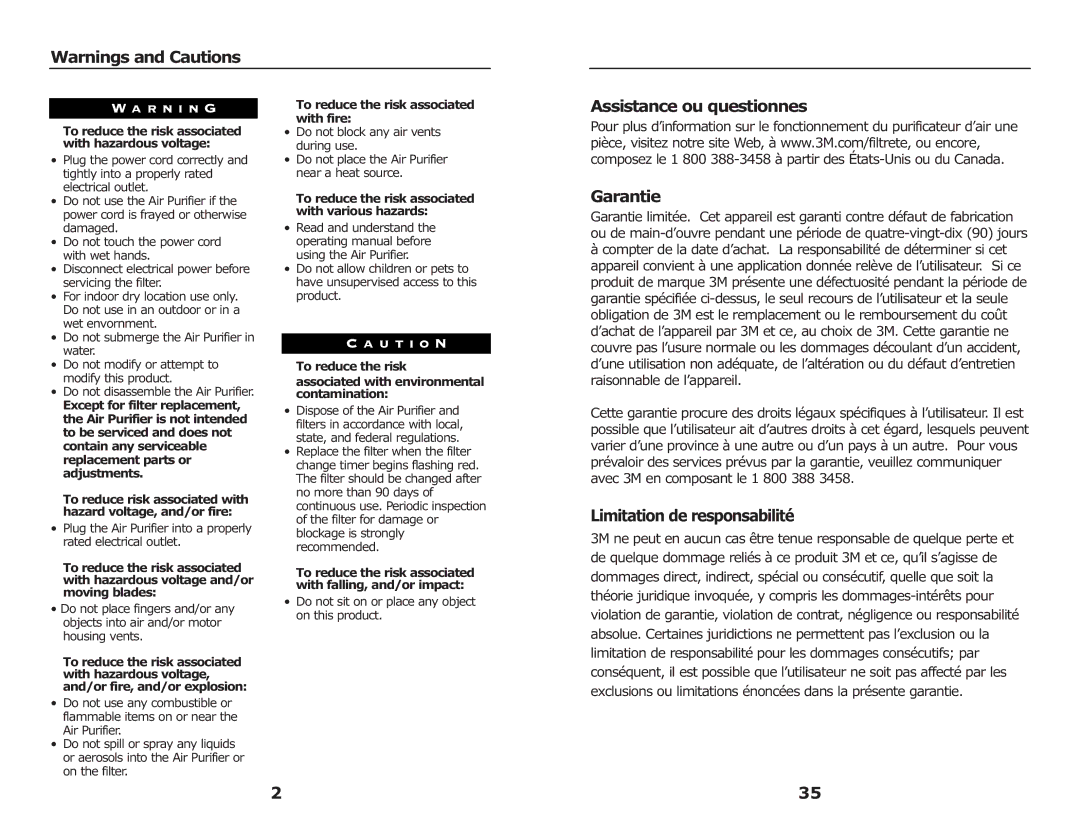 3M FAP02, FAP03 Assistance ou questionnes Garantie, Limitation de responsabilité, Do not block any air vents during use 