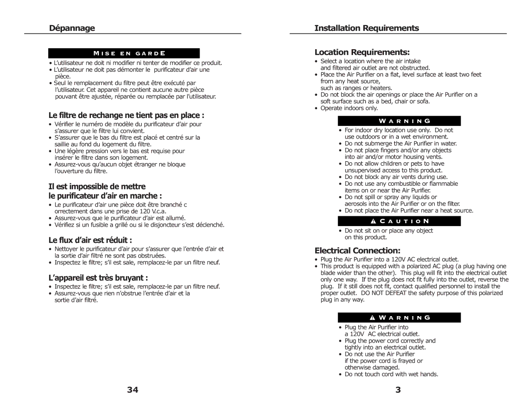 3M FAP03 Dépannage, Le filtre de rechange ne tient pas en place, Le flux d’air est réduit, ’appareil est très bruyant 