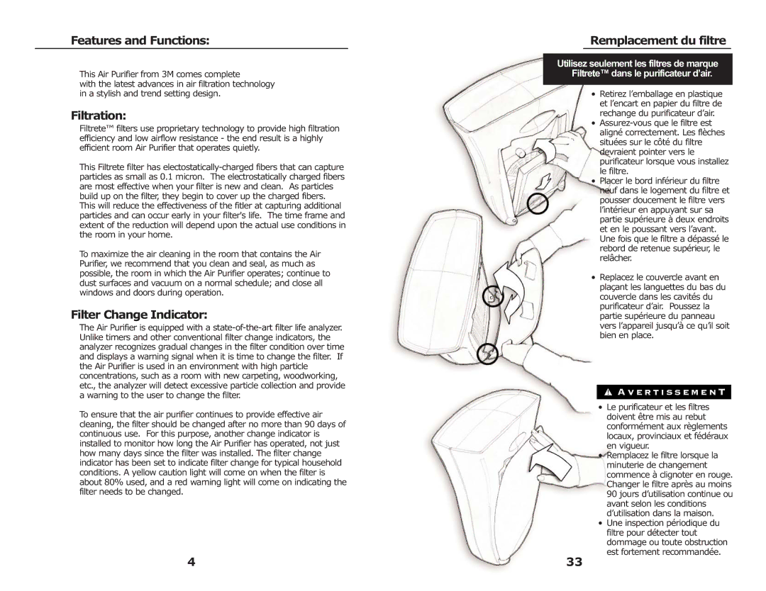 3M FAP02, FAP03 manual Features and Functions, Filtration, Filter Change Indicator, Remplacement du filtre 