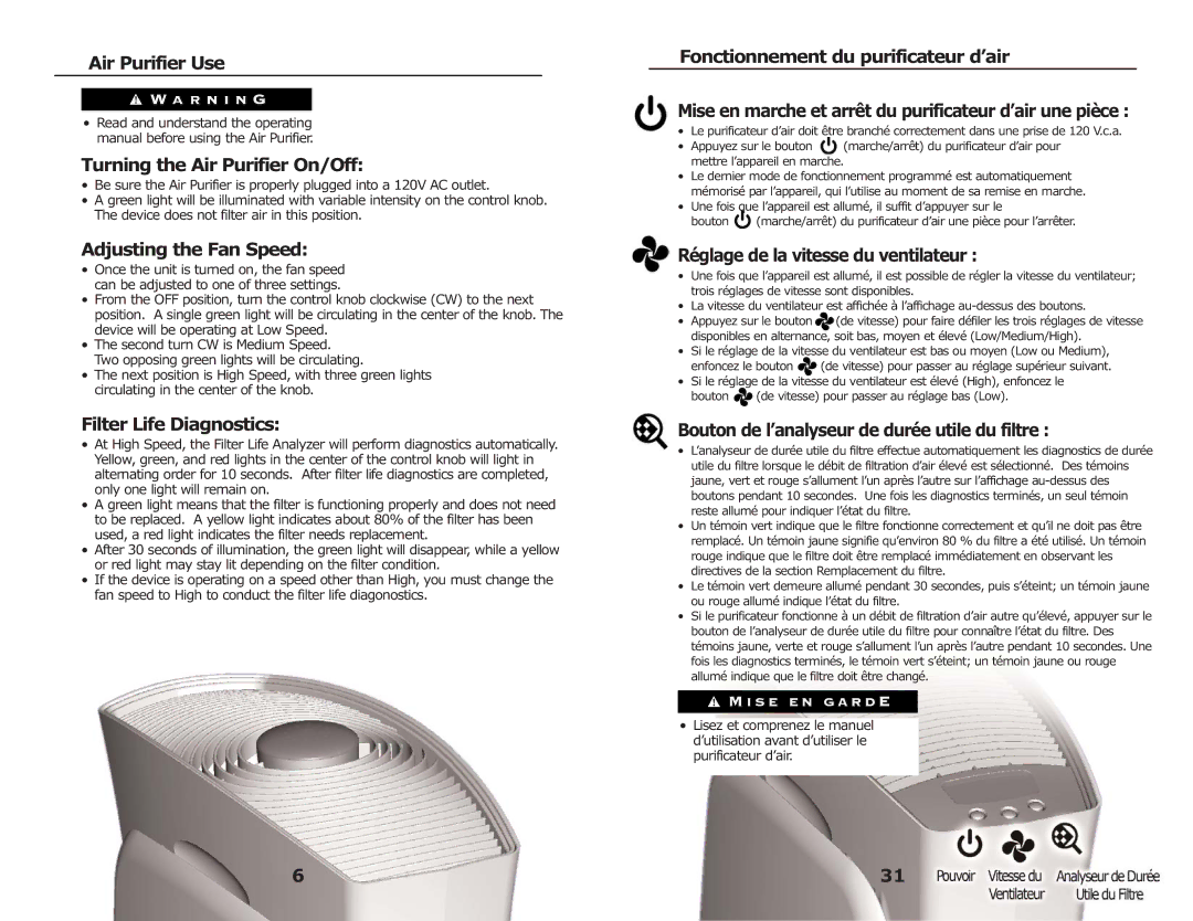 3M FAP02, FAP03 manual Air Purifier Use, Turning the Air Purifier On/Off, Adjusting the Fan Speed, Filter Life Diagnostics 